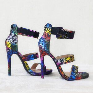 Festive Colorful Metallic Reflective Triple Strap Mini Platform High Heel Shoes